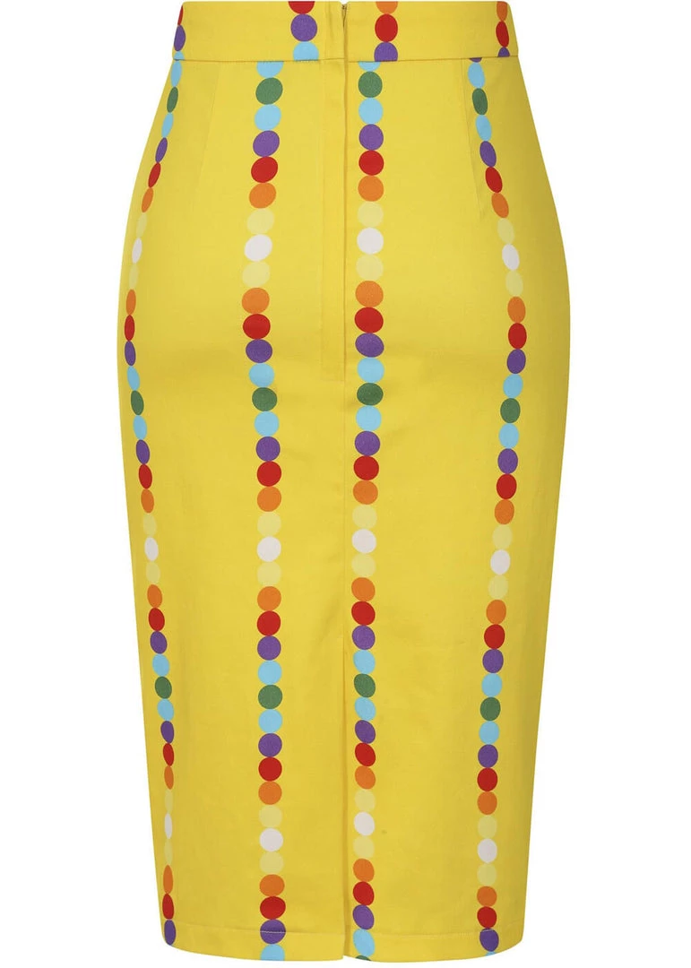 New In Collectif Polly Rainbow Polka Stripe 50's Pencil Skirt Yellow