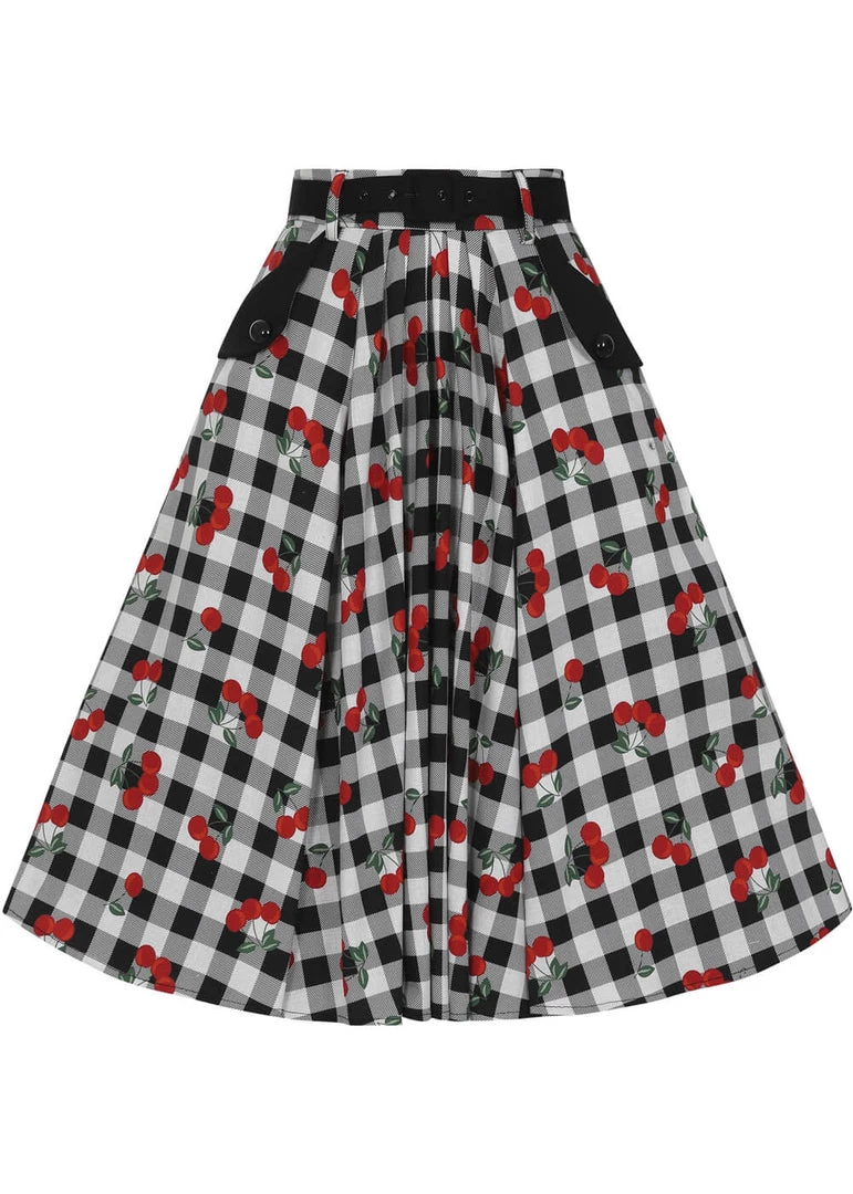Collectif Dakota Gingham Cherries 50's Swing Skirt Black