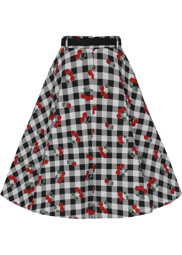 Collectif Dakota Gingham Cherries 50's Swing Skirt Black