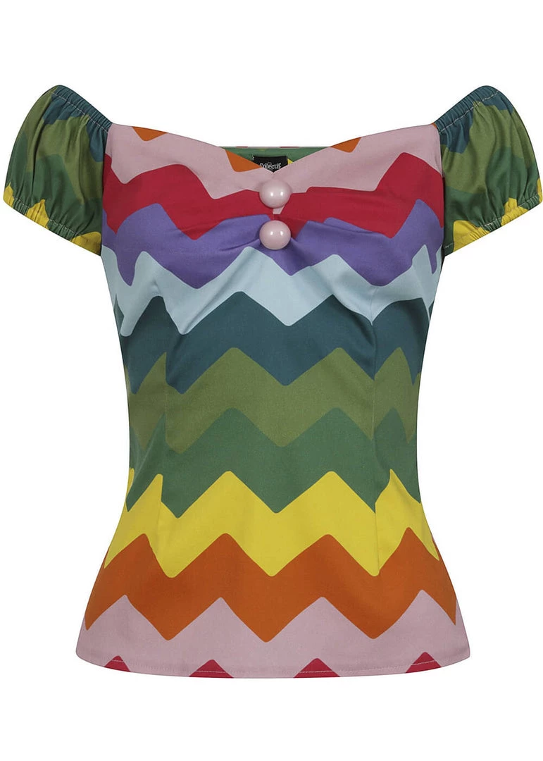 New In Collectif Dolores Rainbow Chevron 50's Top Multi Colour