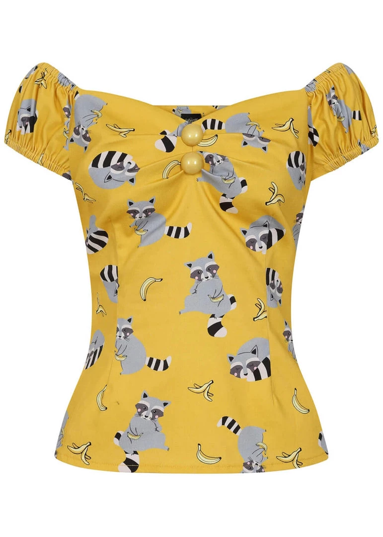 Collectif Dolores Ravenous Raccoons 50's Top Yellow New In