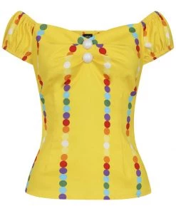 New In Collectif Dolores Rainbow Polka Stripe 50's Top Yellow
