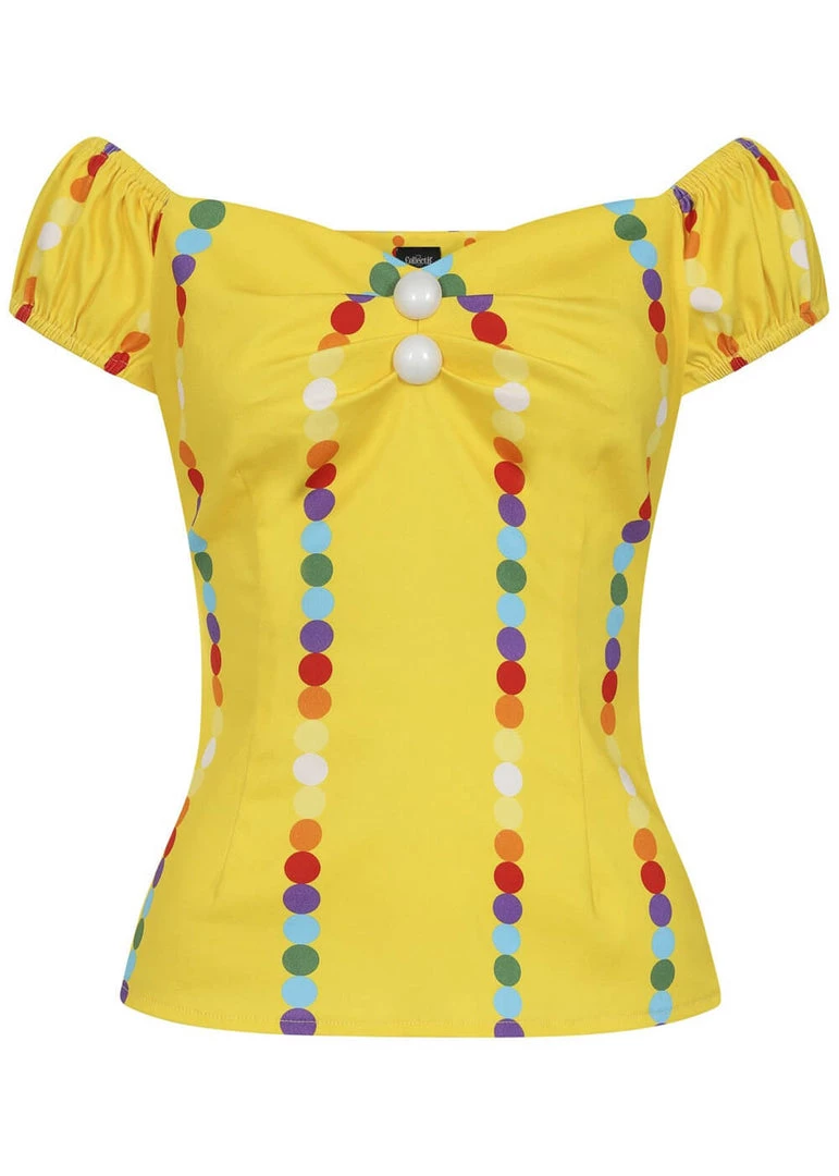 New In Collectif Dolores Rainbow Polka Stripe 50's Top Yellow