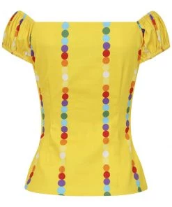 New In Collectif Dolores Rainbow Polka Stripe 50's Top Yellow
