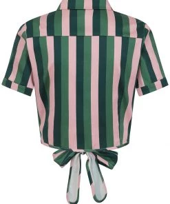 Collectif Sammy Palm Stripe 50's Tie Blouse Pink New In
