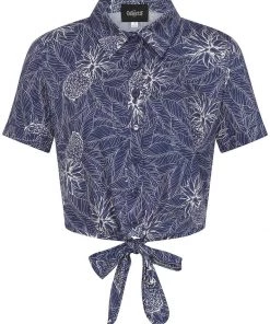 New In Collectif Sammy Pineapple Palm 50's Tie Blouse Navy