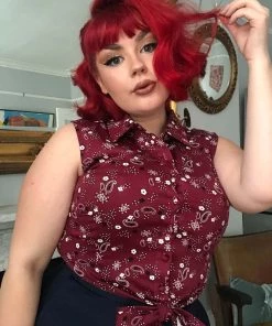 New In Collectif Clarabella Bandana 50's Tie Blouse Burgundy