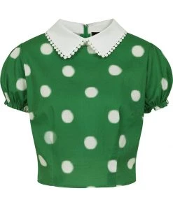 Collectif Betty Painted Polka 40's Top Green New In