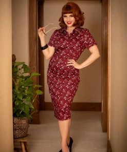 Collectif Mirtilla Bandana 40's Pencil Dress Burgundy New In
