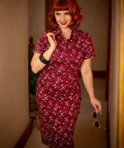 Collectif Mirtilla Bandana 40's Pencil Dress Burgundy New In