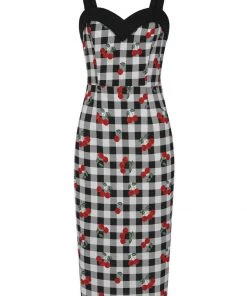 Collectif Kiana Gingham Cherries 50's Pencil Dress Black