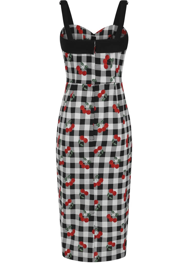 Collectif Kiana Gingham Cherries 50's Pencil Dress Black