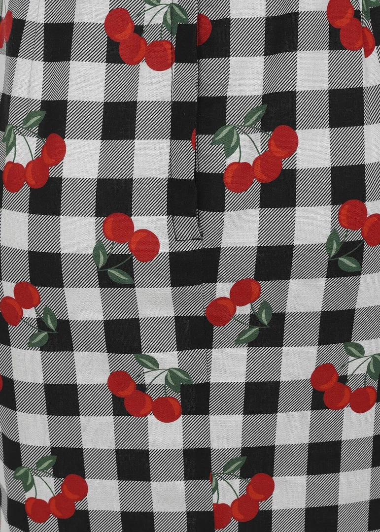 Collectif Kiana Gingham Cherries 50's Pencil Dress Black