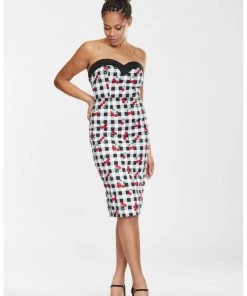 Collectif Kiana Gingham Cherries 50's Pencil Dress Black