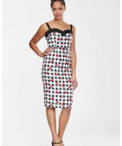 Collectif Kiana Gingham Cherries 50's Pencil Dress Black