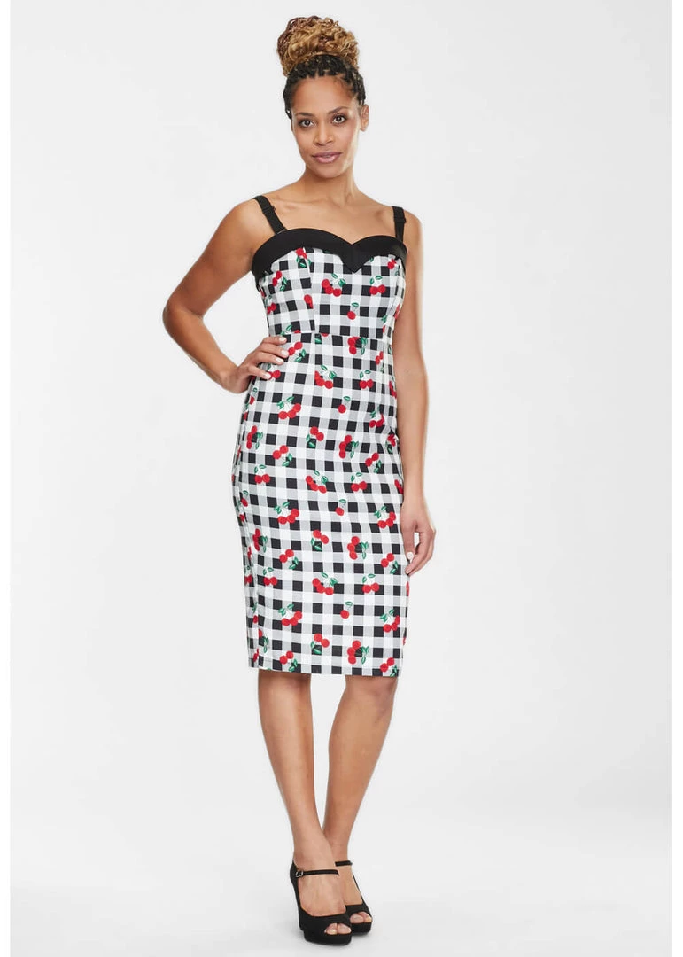 Collectif Kiana Gingham Cherries 50's Pencil Dress Black