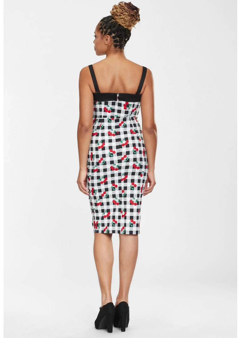 Collectif Kiana Gingham Cherries 50's Pencil Dress Black