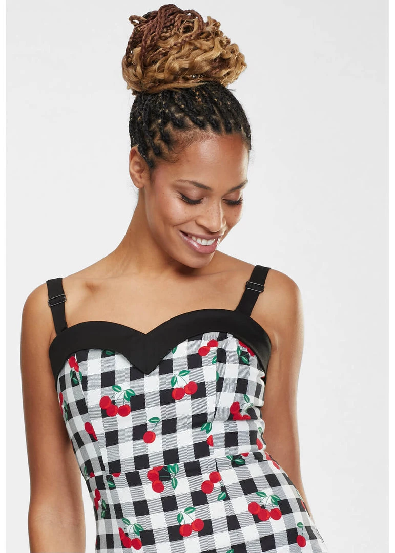 Collectif Kiana Gingham Cherries 50's Pencil Dress Black