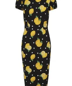 New In Collectif Demira Polka Lemon 50's Pencil Dress Black