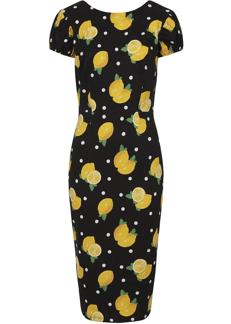 New In Collectif Demira Polka Lemon 50's Pencil Dress Black