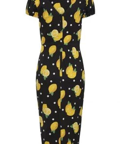 New In Collectif Demira Polka Lemon 50's Pencil Dress Black