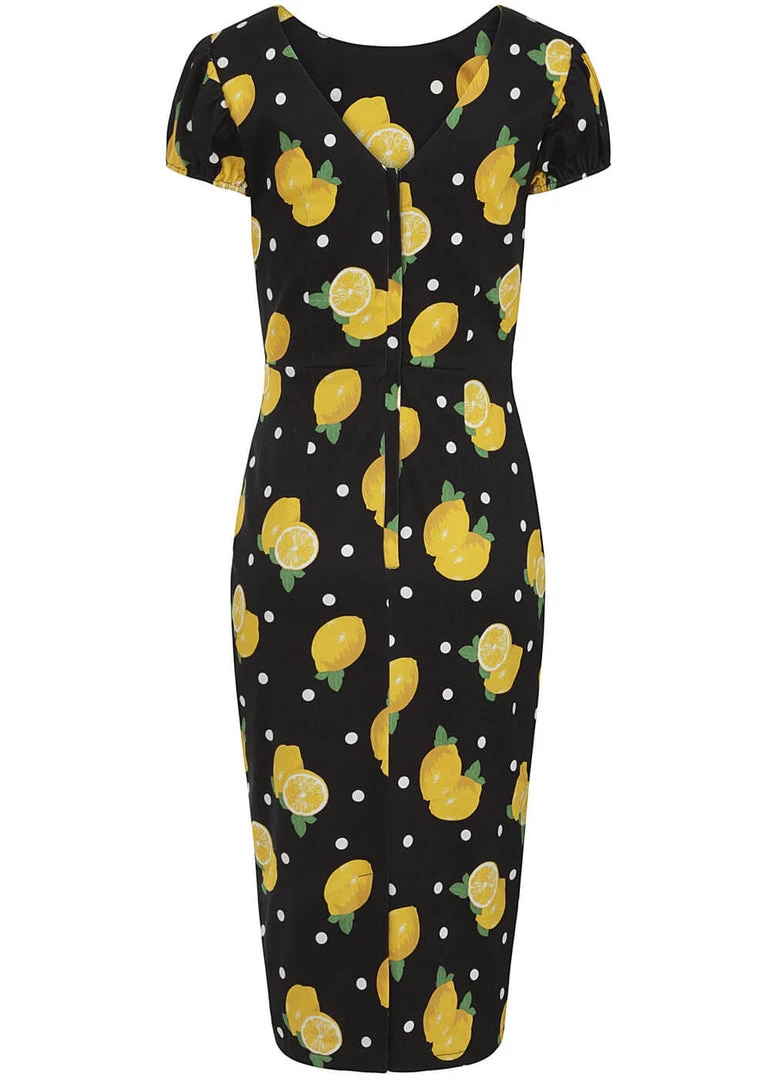 New In Collectif Demira Polka Lemon 50's Pencil Dress Black