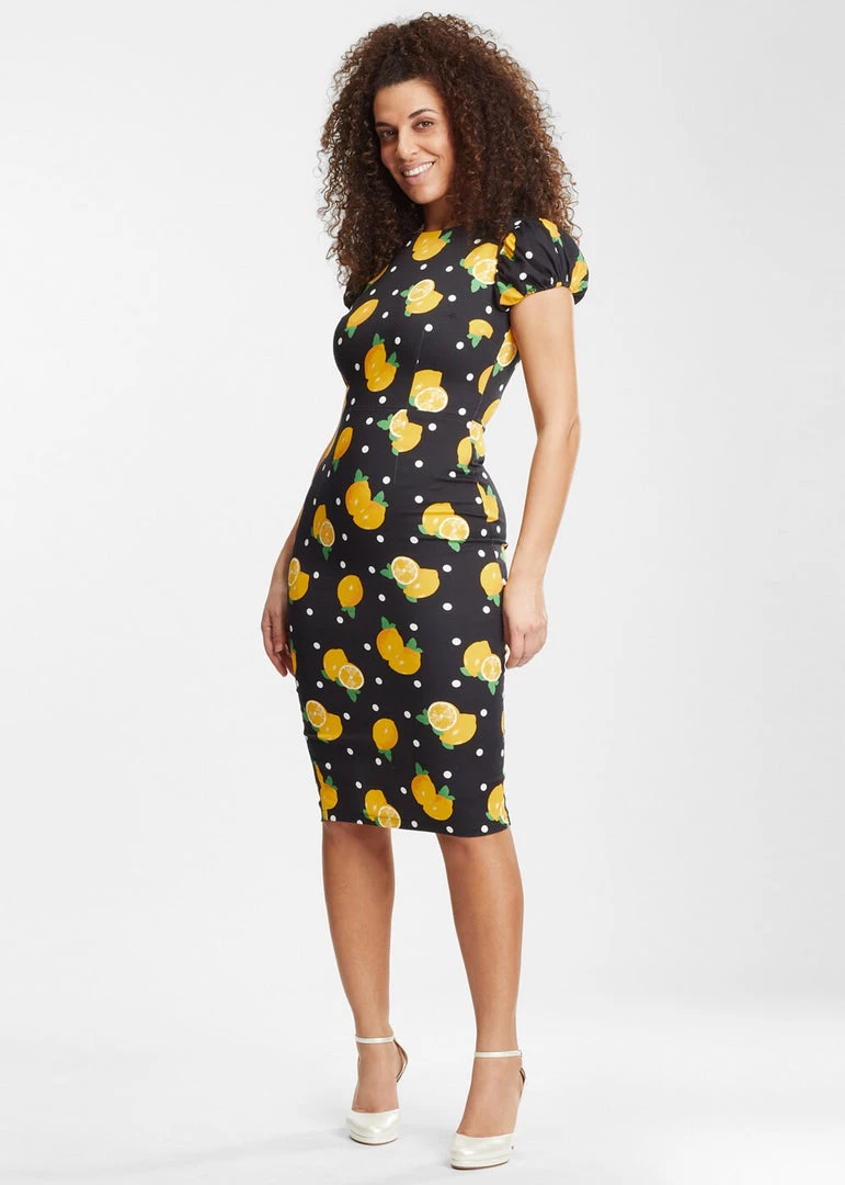New In Collectif Demira Polka Lemon 50's Pencil Dress Black