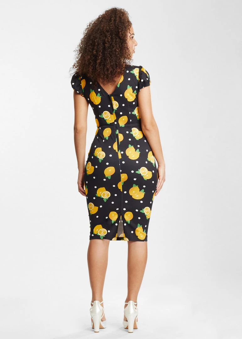New In Collectif Demira Polka Lemon 50's Pencil Dress Black