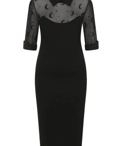 Collectif Wednesday Moon Flock Mesh 50's Pencil Dress Black New In