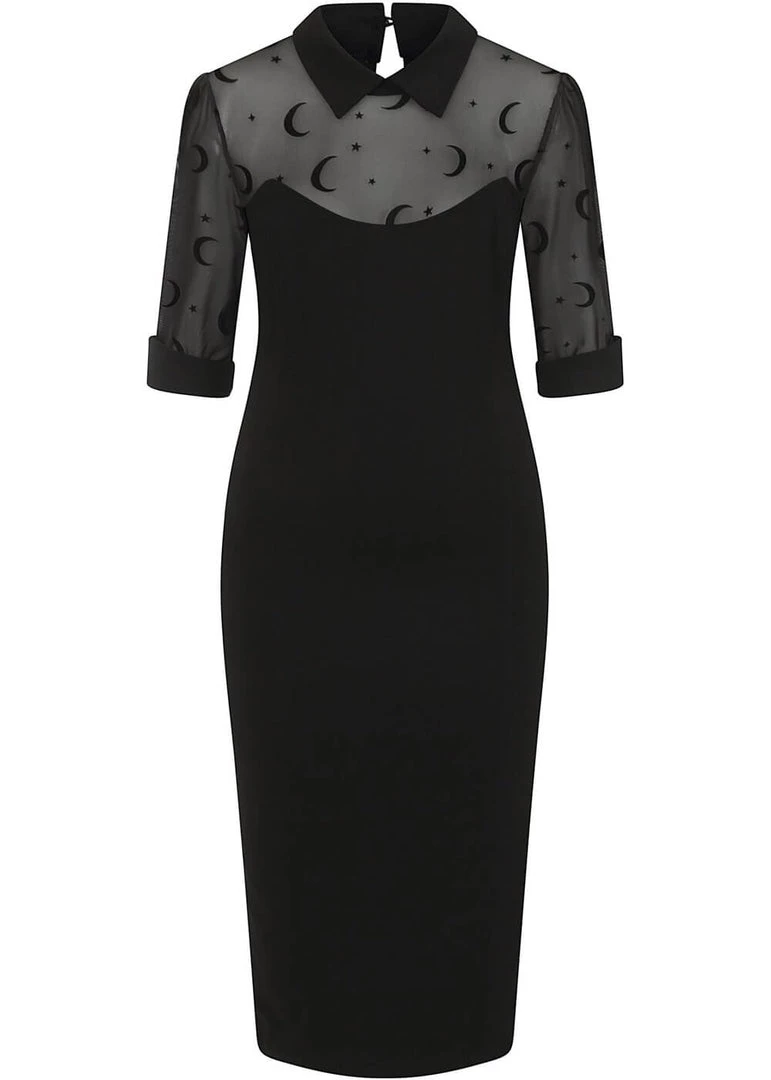 Collectif Wednesday Moon Flock Mesh 50's Pencil Dress Black New In