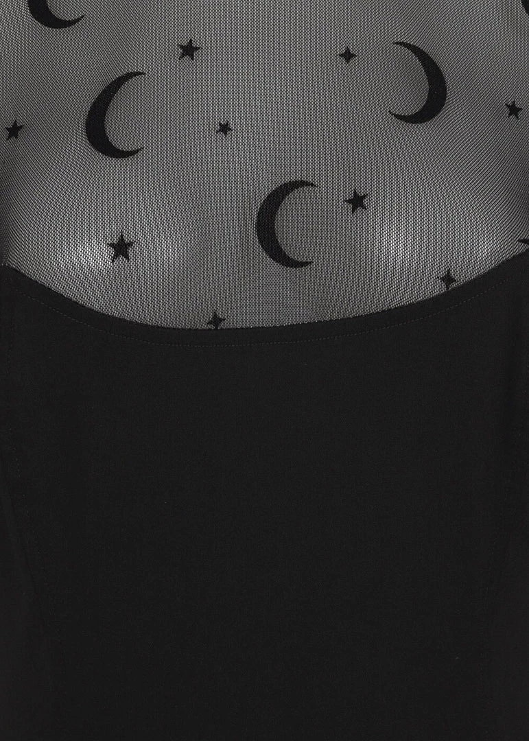 Collectif Wednesday Moon Flock Mesh 50's Pencil Dress Black New In