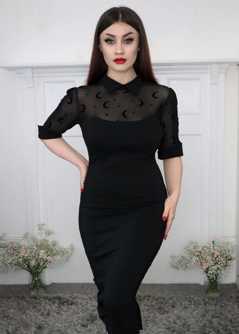 Collectif Wednesday Moon Flock Mesh 50's Pencil Dress Black New In
