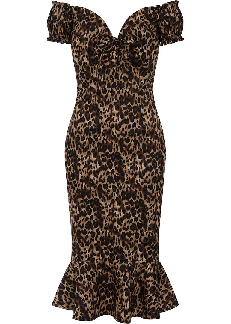 Collectif Sasha Leopard Fishtail 50's Pencil Dress Multi New In
