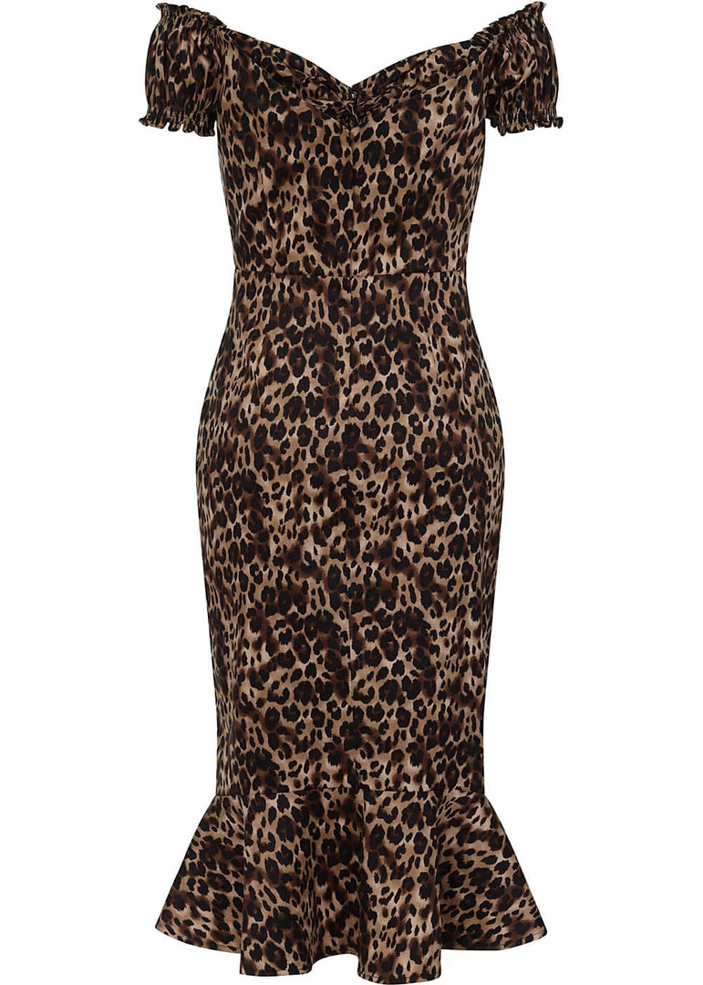 Collectif Sasha Leopard Fishtail 50's Pencil Dress Multi New In