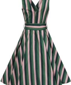Collectif Patricia Palm Stripe 50's Swing Dress Pink