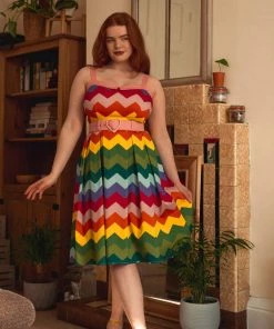 Collectif Dorothy Rainbow Chevron 50's Swing Dress Multi