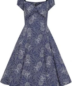 New In Collectif Dolores Pineapple Palm 50's Swing Dress Navy