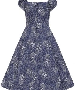 New In Collectif Dolores Pineapple Palm 50's Swing Dress Navy