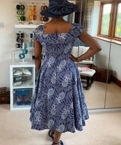 New In Collectif Dolores Pineapple Palm 50's Swing Dress Navy