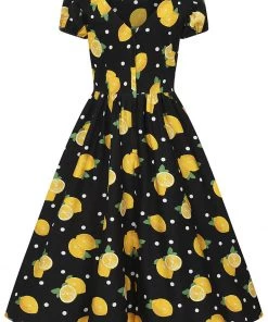 New In Collectif Demira Polka Lemon 50's Swing Dress Black
