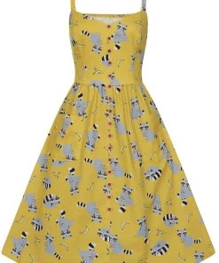 New In Collectif Kimberly Ravenous Raccoons 60's Swing Dress Yellow