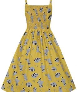 New In Collectif Kimberly Ravenous Raccoons 60's Swing Dress Yellow