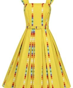New In Collectif Jill Rainbow Polka Stripe 50's Swing Dress Yellow