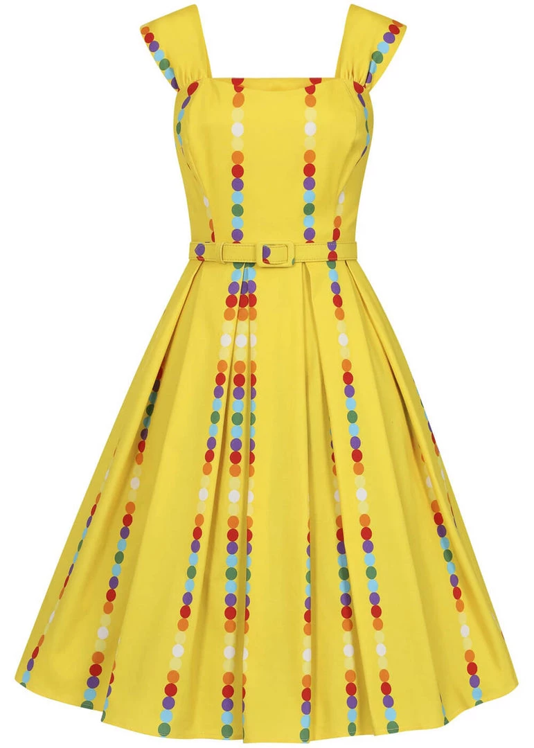 New In Collectif Jill Rainbow Polka Stripe 50's Swing Dress Yellow