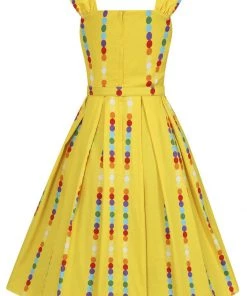 New In Collectif Jill Rainbow Polka Stripe 50's Swing Dress Yellow
