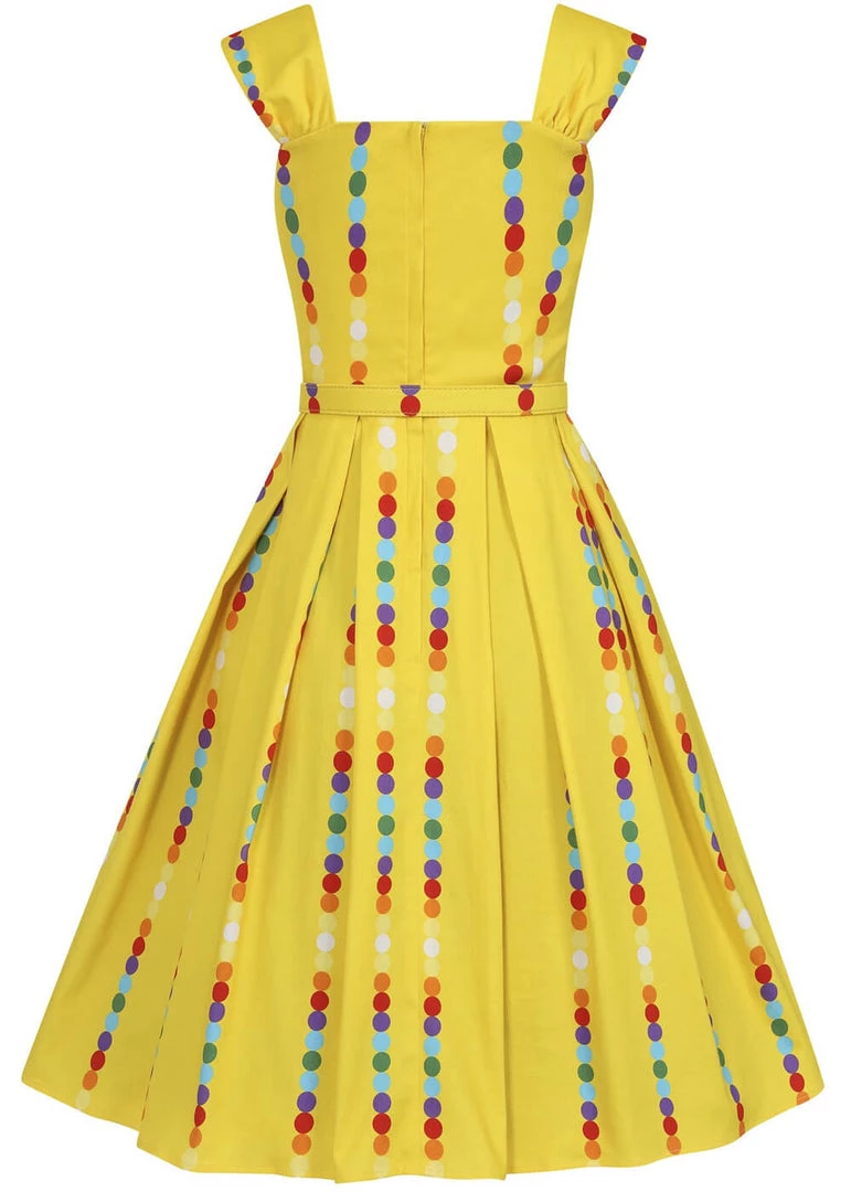 New In Collectif Jill Rainbow Polka Stripe 50's Swing Dress Yellow