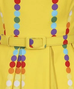 New In Collectif Jill Rainbow Polka Stripe 50's Swing Dress Yellow