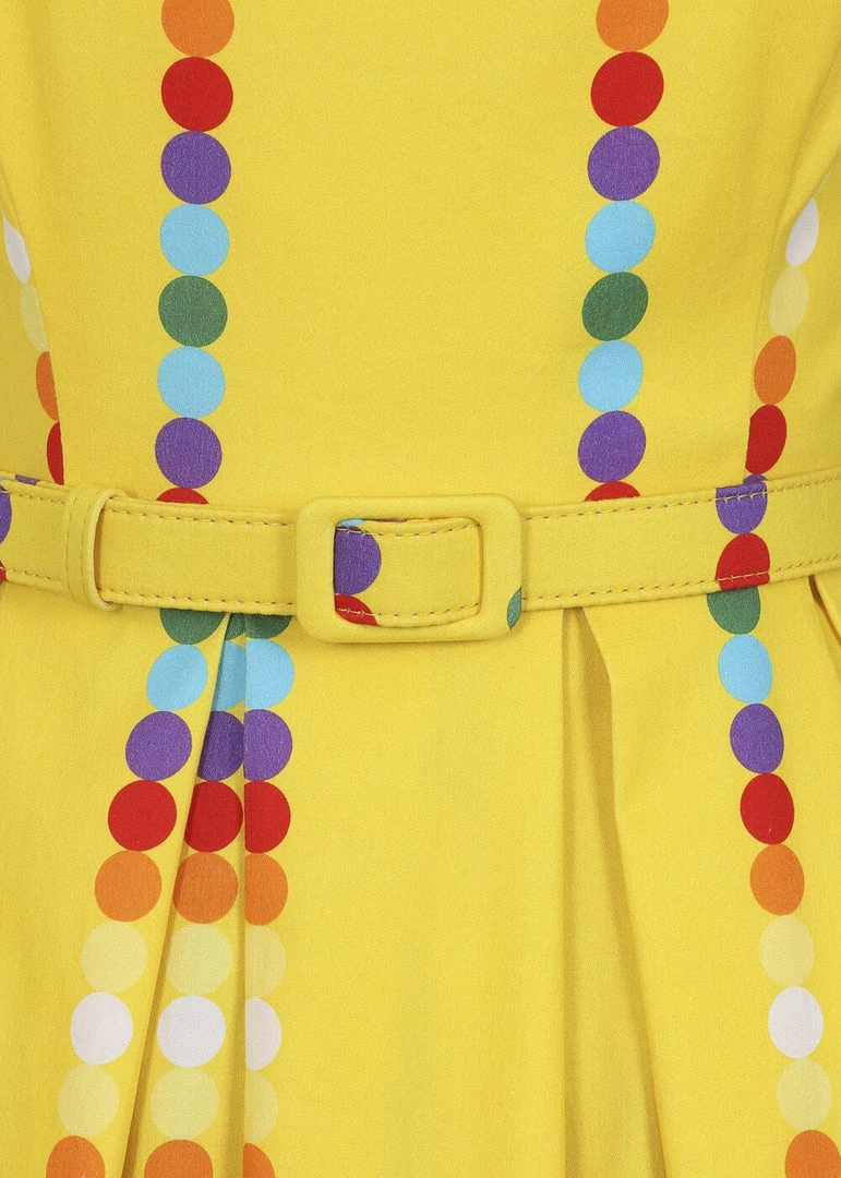 New In Collectif Jill Rainbow Polka Stripe 50's Swing Dress Yellow