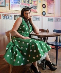 Collectif Hepburn Painted Polka 50's Swing Dress Green