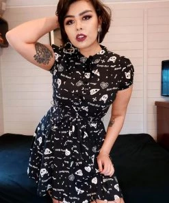 New In Collectif Mary Grace Creepy Girl 80's Skater Dress Black